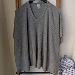 Halogen Gray Ribbed V-Neck Cahmere Knit Poncho